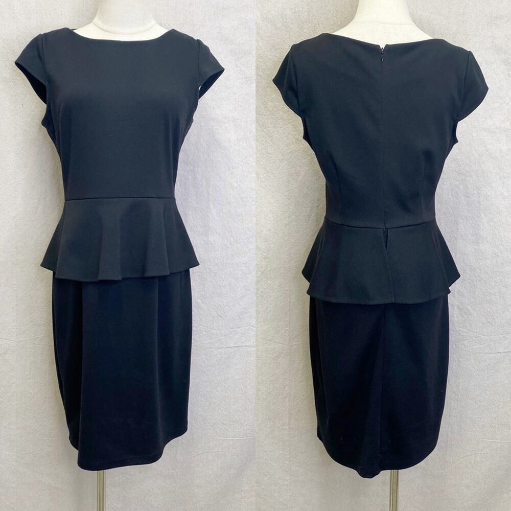 Chaps black ponte knit cap short sleeve peplum pencil knee length dress‎ size 10